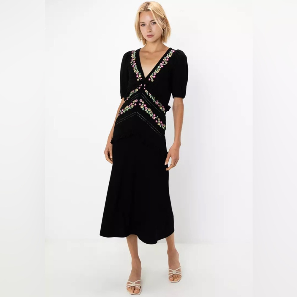ASOS Black floral v-neck frill detail dress size 10 new with tags